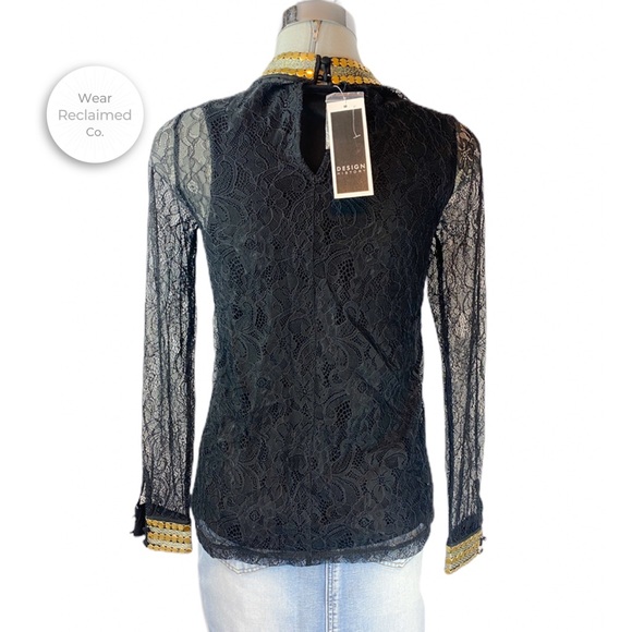 DESIGN HISTORY Black Lace and Gold Mock Neck Top - Picture 3 of 6